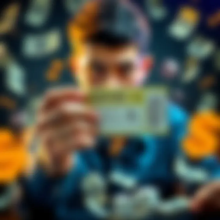 A person holds a winning betting ticket with a disappointed expression, surrounded by dollar bills and dice, reflecting mixed emotions about luck in gambling.