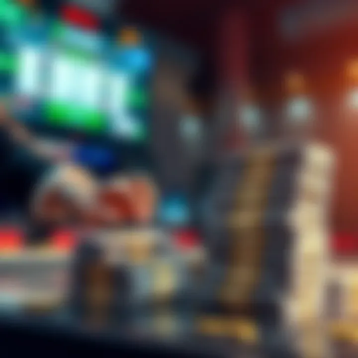 A person placing a small bet with a large stack of money next to them, symbolizing high returns on a modest investment
