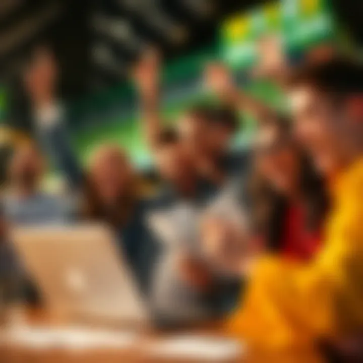 A group of excited people celebrating a big win while reviewing betting slips and a laptop, showcasing successful betting tactics.