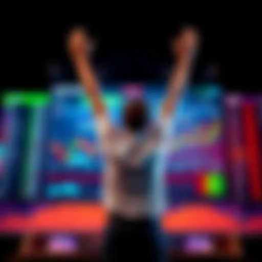 A person celebrating a betting win with arms raised, surrounded by betting odds and charts on a screen