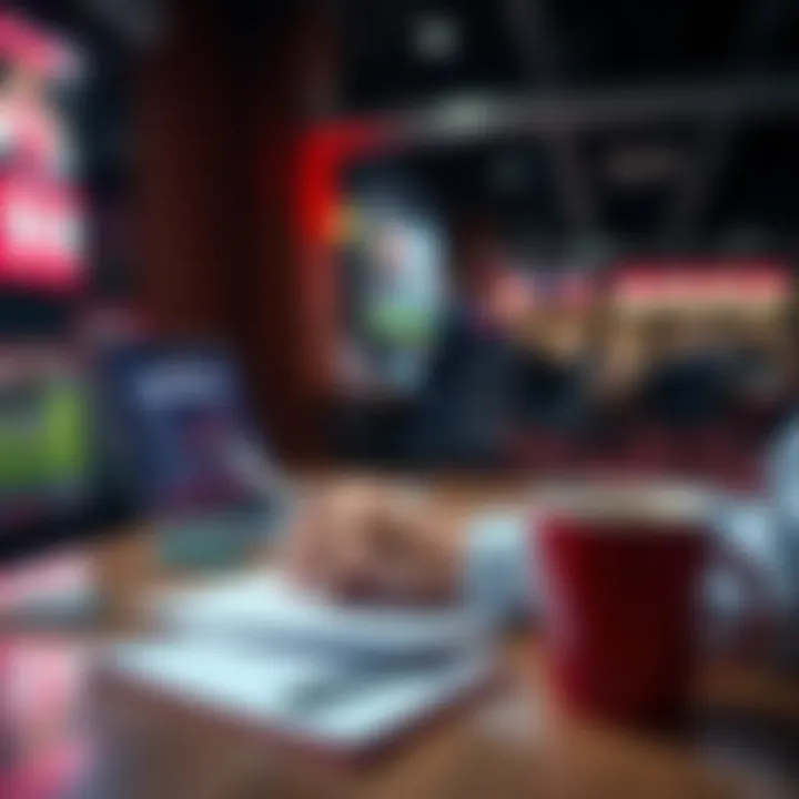 A person analyzing betting statistics on a laptop with notes and a coffee cup on the table.
