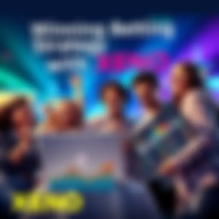 A group of excited people discussing betting strategies over a laptop, highlighting XENO's winning plays, with charts and odds on display.