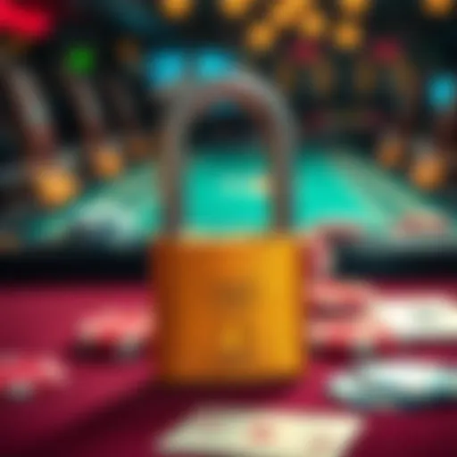 A close-up view of a golden padlock symbolizing luck in betting strategy, placed on a poker table with chips and cards.