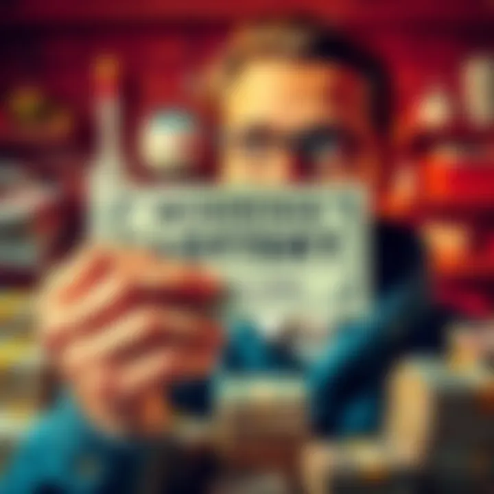 A person holding a winning lottery ticket with a look of excitement and contemplation on their face, surrounded by stacks of cash.