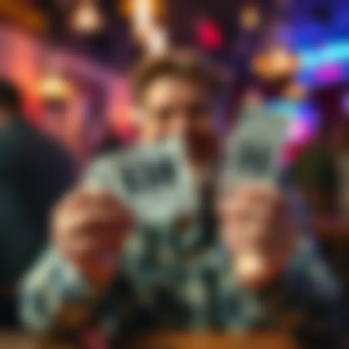 Winning Lottery Ticket and Pull Tab A person holding a $30 lottery ticket and a $5 pull tab with a big smile, celebrating a win at a bar.