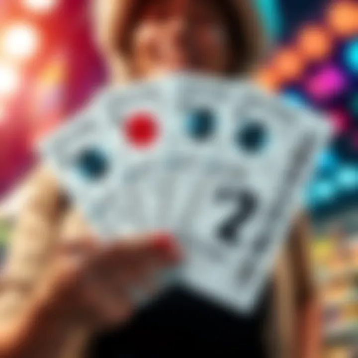 A hand holding four lottery tickets with winning amounts visible, smiling face in the background