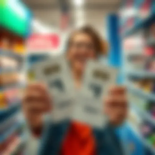 A person holds two winning $1 lottery tickets with excitement in a store setting.
