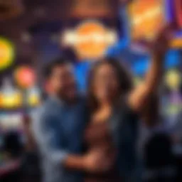A joyful couple celebrating a big win at a casino, surrounded by slot machines and cheering patrons.