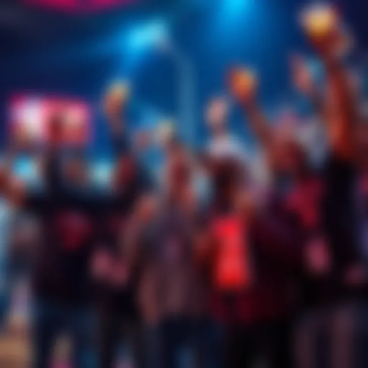 A group of excited fans celebrating after winning NBA bets, with sports merchandise in hand.