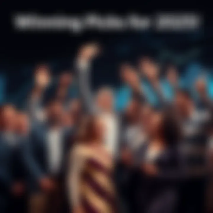 A group of diverse people celebrating their investments with charts and graphs in the background, symbolizing success in 2025.