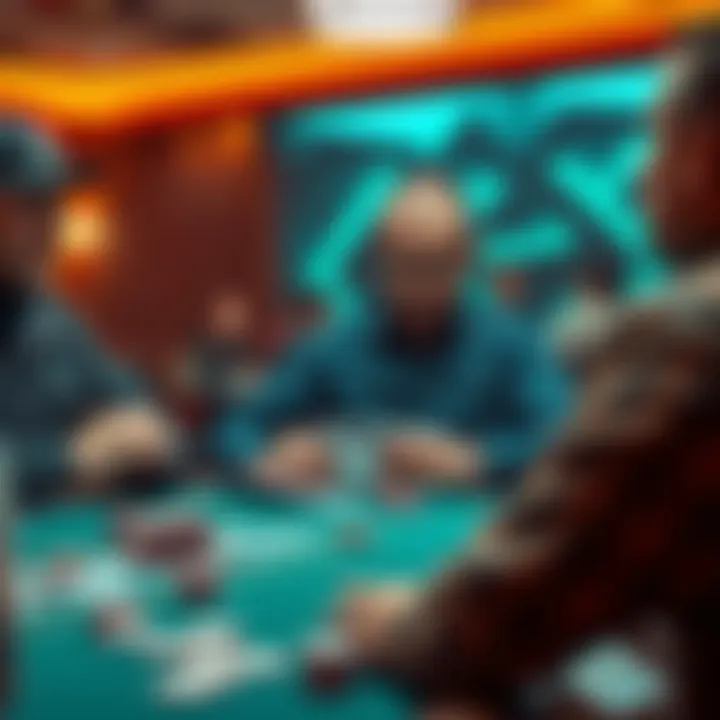 A focused player analyzing cards at a poker table, surrounded by chips and opponents, showcasing strategy and patience.