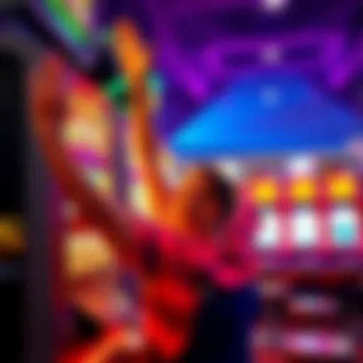 A person celebrating a win at a casino slot machine with bright lights and colorful graphics, showing excitement after recovering their losses.