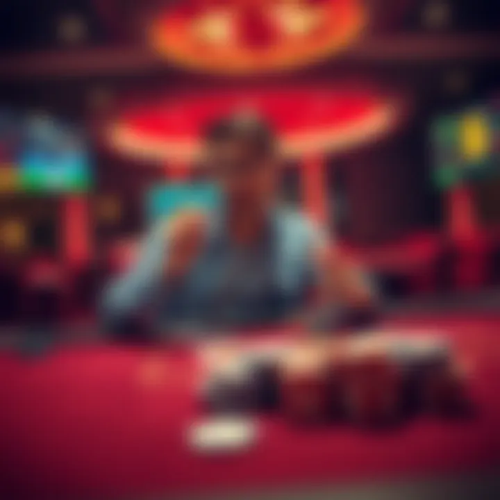 A person sitting at a gaming table, studying betting strategies while holding a stack of chips, looking determined to win a bonus.