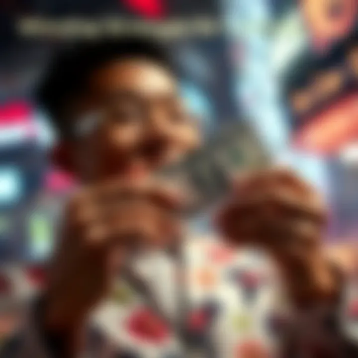 A person holding a winning lottery ticket with cash in hand and smiling broadly.