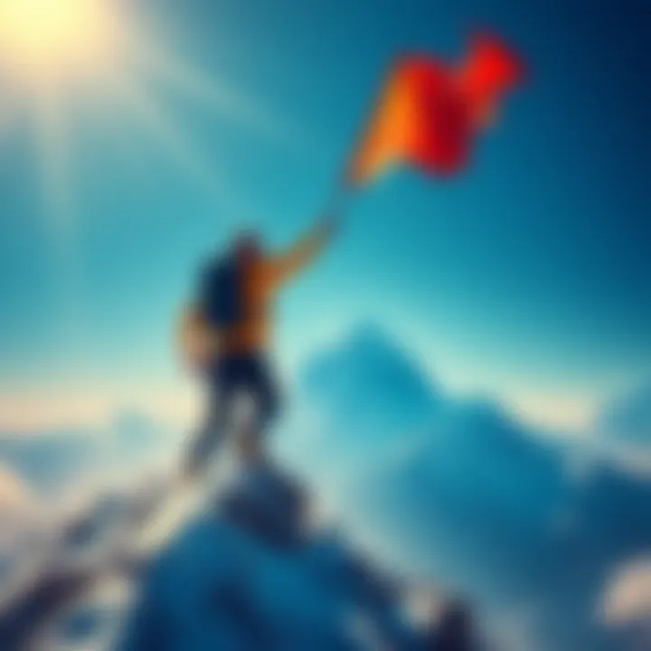 A person climbing a mountain with a flag in hand, symbolizing achievement and victory.