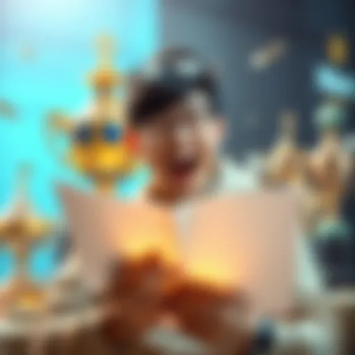 A person excitedly reviewing strategies and tips for their first buy in a game, with cash and trophies in the background