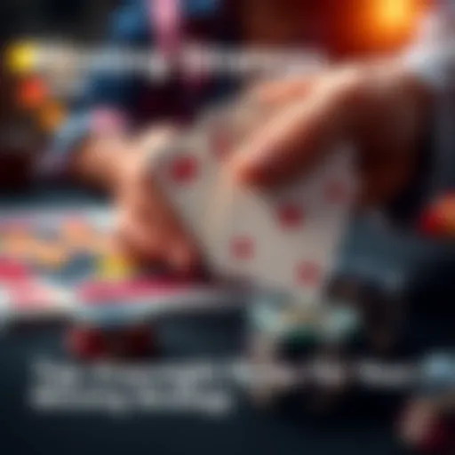 A hand holding playing cards with a winning hand, along with a stack of chips on a table.