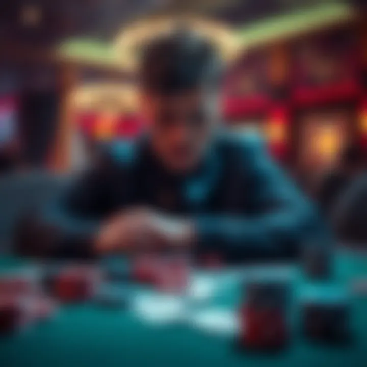 A person looking pensive at a gambling table, reflecting on a recent big win and subsequent loss, surrounded by chips and cards.