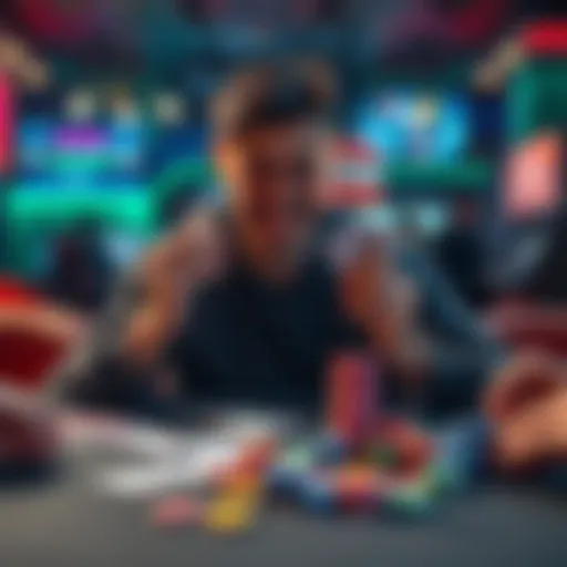 Wins and Losses in Gaming A person sitting at a gaming table, showing a mix of joy and disappointment with cards and chips in hand, illustrating the highs and lows of gaming experiences.