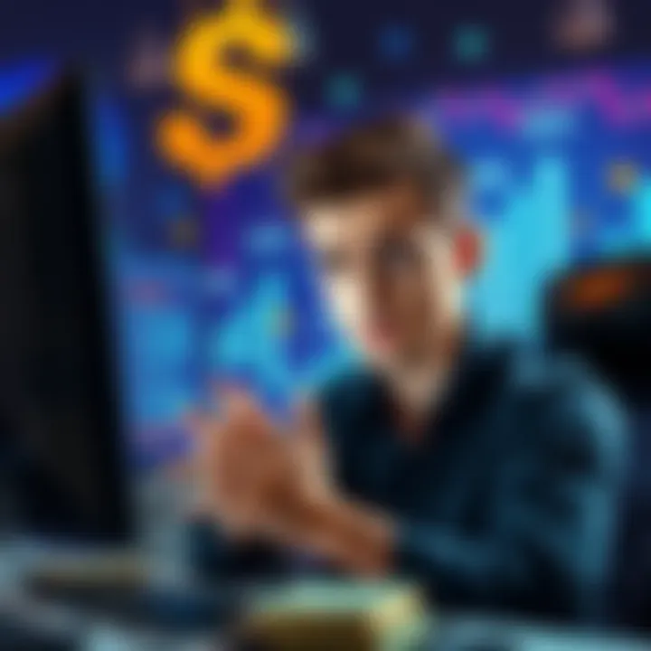 A person looking frustrated while checking withdrawal options on a computer screen, with money symbols in the background.