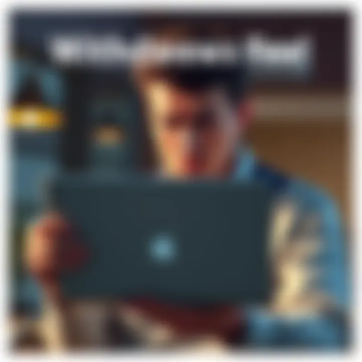 A worried person holding a laptop with a withdrawal fee warning on screen