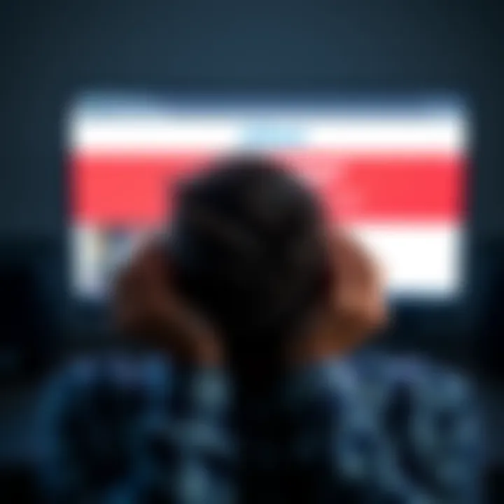 A frustrated person holding their head in their hands while looking at a computer screen showing a withdrawal denial message from 22bet.