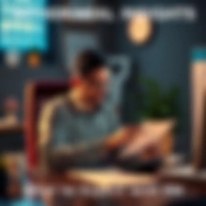 A person sitting at a desk, looking at a bank statement and contemplating a $5,000 withdrawal, with a calculator and a clock in the background indicating time.