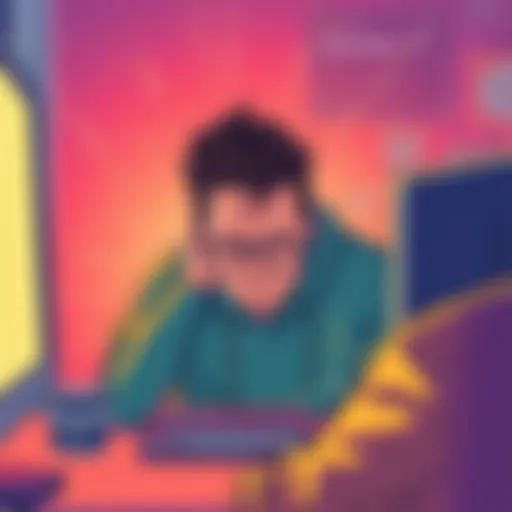 An illustration showing a frustrated person looking at a computer screen with a warning message about account withdrawal issues.