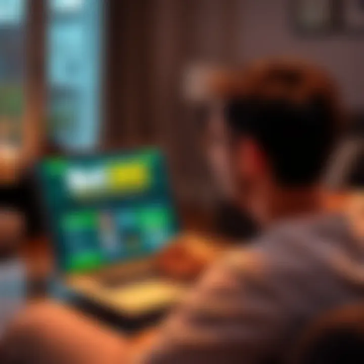 Withdrawals from Bet365 A person looking at a laptop screen with Bet365 on display, contemplating cashing out from an online betting platform while seated in a living room.