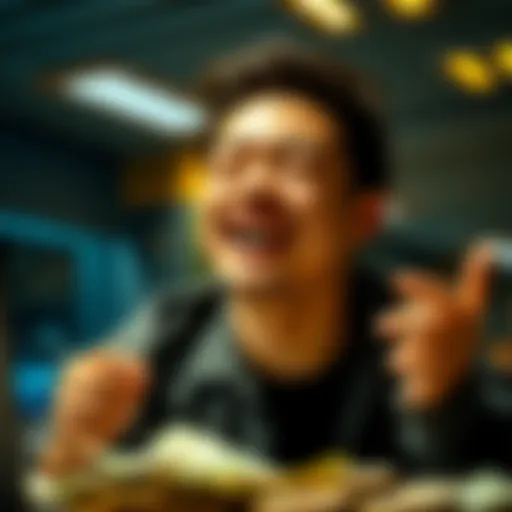 A person happily withdrawing money from an online platform without KYC requirements, looking relieved and excited.