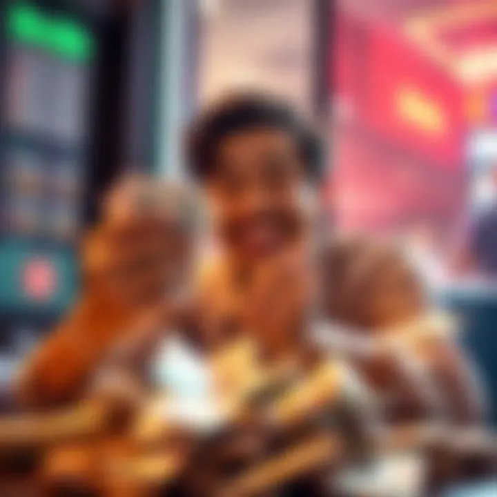 Withdrawing Cash from Pulsz A person happily counting cash after successfully withdrawing winnings from an online platform. They are surrounded by Skrill and banking materials, emphasizing safe withdrawal.