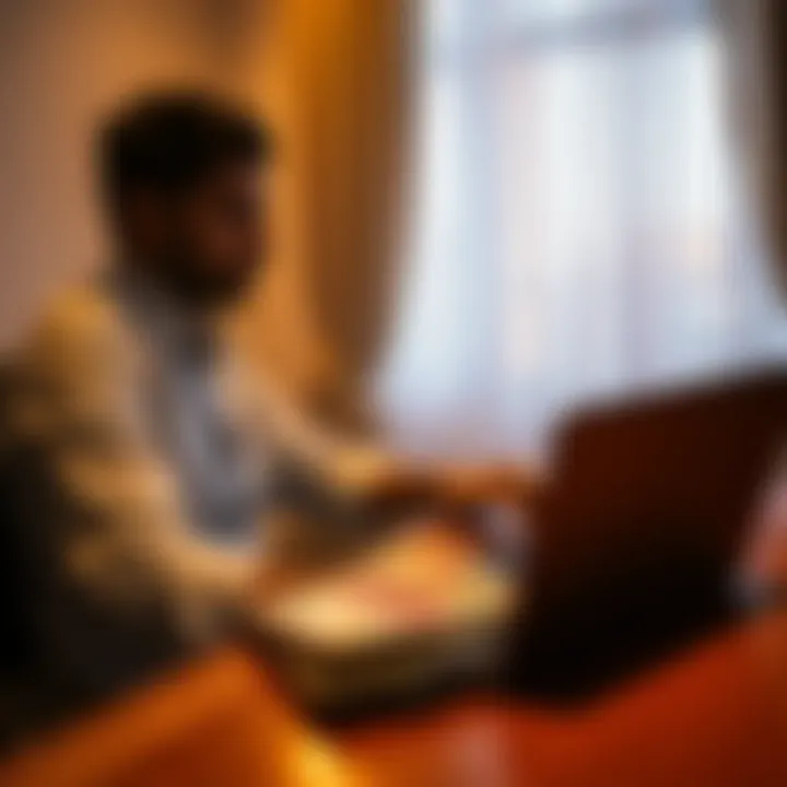 A person sitting at a desk with a laptop, showing a digital wallet interface and Indian currency notes beside it, symbolizing the process of converting cryptocurrency to INR.