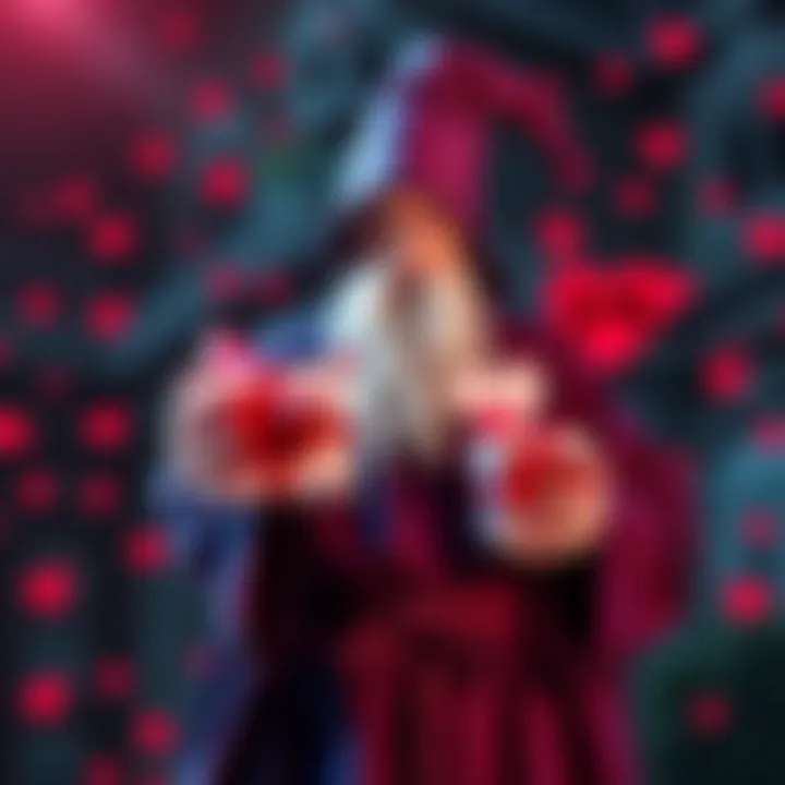 A wizard in a robe presenting heart-shaped gifts for Valentine's Day