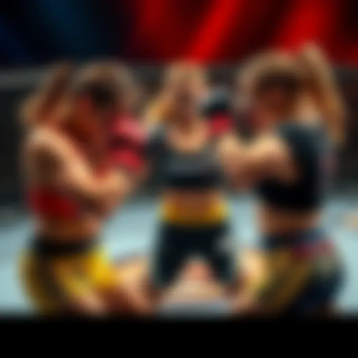 WMMA Fighters in Action Three female fighters in the octagon during a WMMA match, showcasing their techniques and strategies.