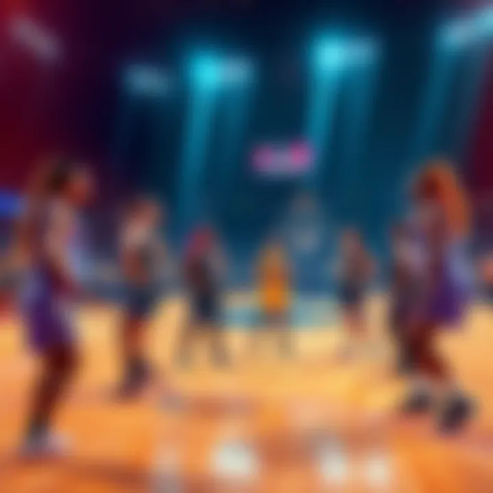 Basketball court with WNBA players discussing strategy for the 2025 season