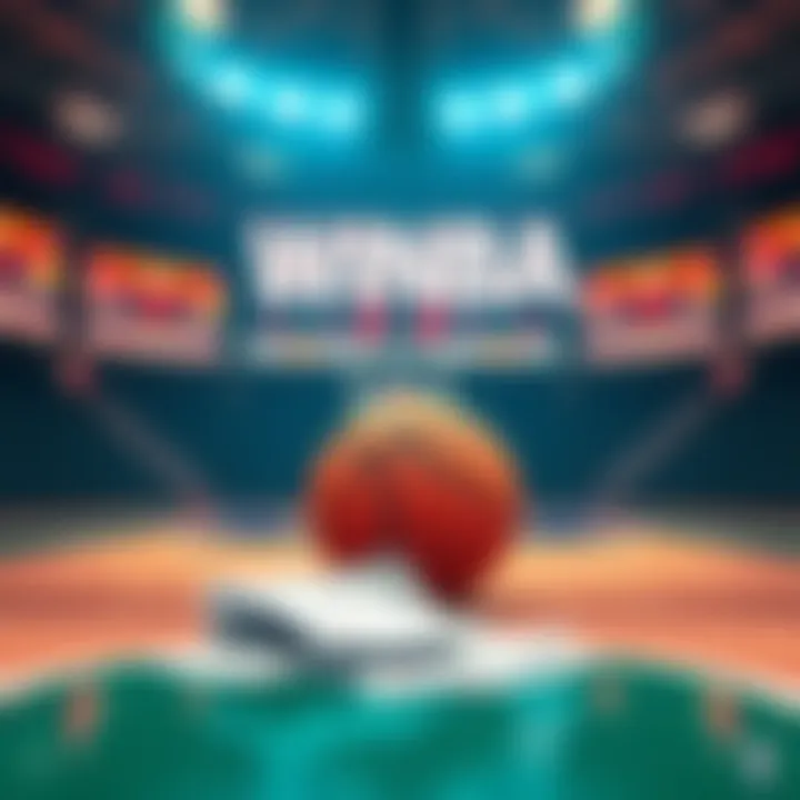 A basketball court with betting slips and a basketball in the foreground, representing WNBA betting predictions.