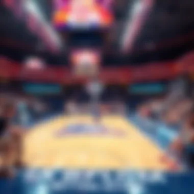 A basketball court during a WNBA game with fans and live betting signs
