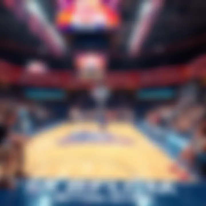 A basketball court during a WNBA game with fans and live betting signs