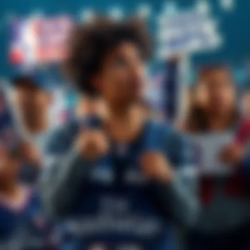 Group of sports fans expressing disappointment in WNBA while excited for NFL season, holding team jerseys and signs