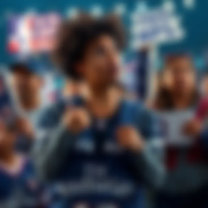 Group of sports fans expressing disappointment in WNBA while excited for NFL season, holding team jerseys and signs