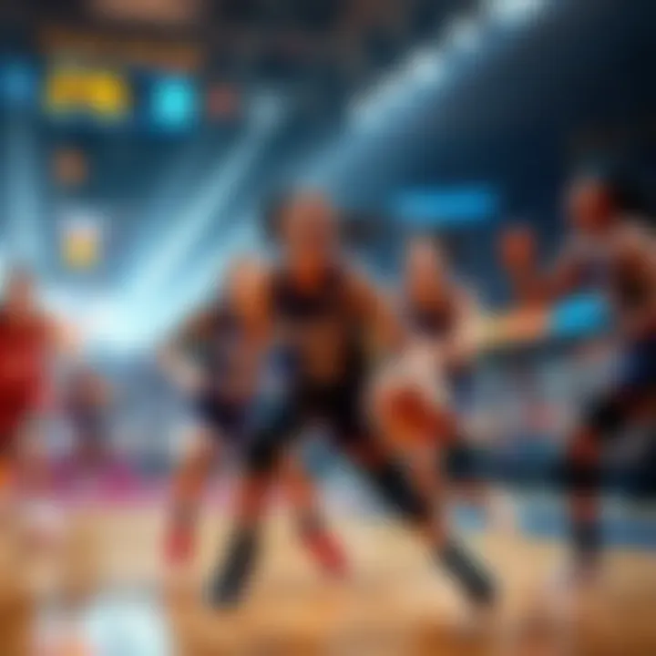Exciting moment from a WNBA game showing players competing fiercely on the court.