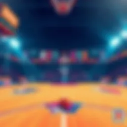 An illustration showing a basketball court with two teams playing during a WNBA playoff game and betting slips in the foreground, symbolizing a 2-leg parlay bet