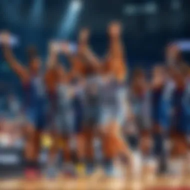 Players from various WNBA teams celebrating after a successful game, showcasing their excitement and team spirit on the court.
