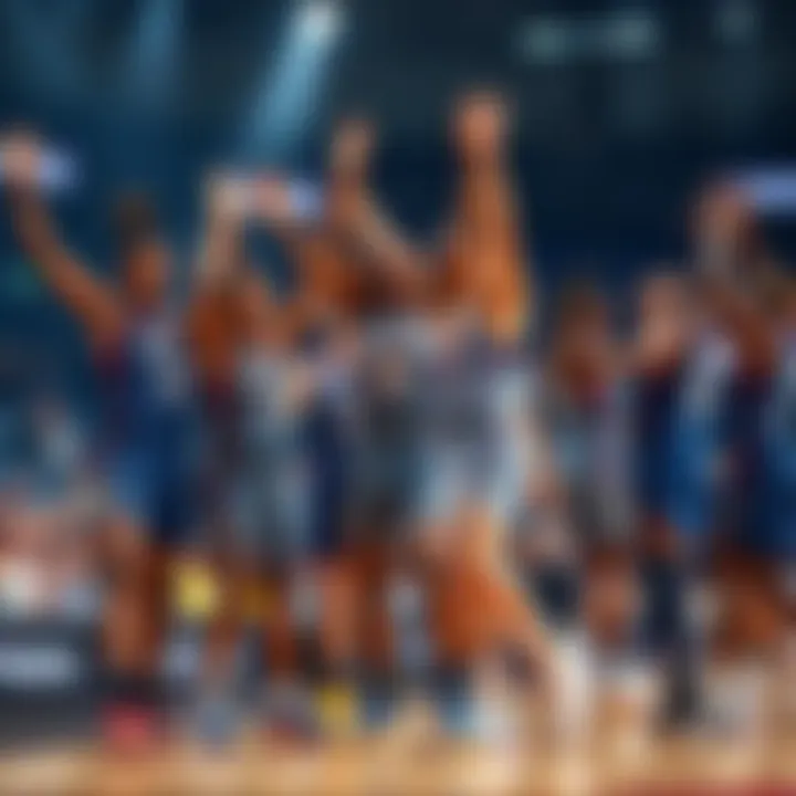 Players from various WNBA teams celebrating after a successful game, showcasing their excitement and team spirit on the court.