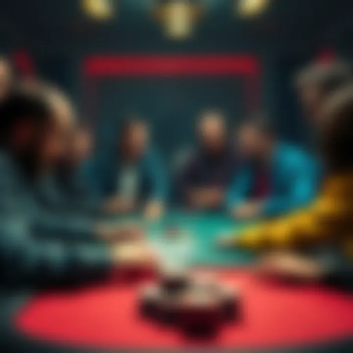 A group of people discussing betting strategies at a table with cards and chips, representing safe and risky bets for the Wolf Gang in 2025.