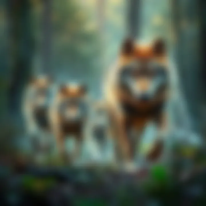 A pack of wolves roaming in a forest, showcasing their natural habitat and interactions with the environment.