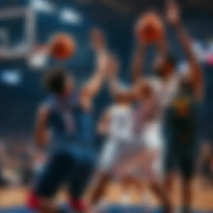 Wolves vs. Nuggets players competing for the ball on the court
