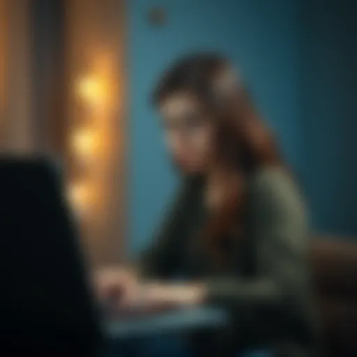 Woman looking at a computer screen with sadness A 25-year-old woman sits in a dimly lit room, staring at her laptop with a distressed expression, symbolizing her struggle with online gambling addiction.