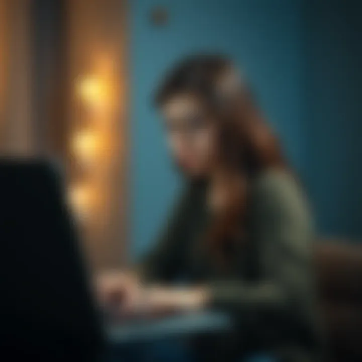 Woman looking at a computer screen with sadness A 25-year-old woman sits in a dimly lit room, staring at her laptop with a distressed expression, symbolizing her struggle with online gambling addiction.