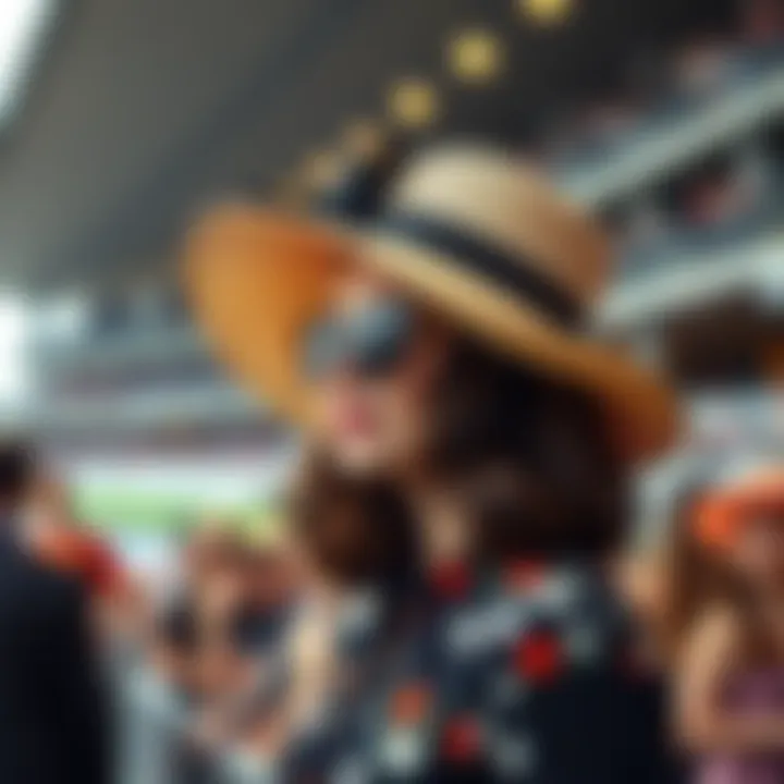 A woman is wearing a fashionable hat while enjoying a horse race at the track, surrounded by a lively crowd.